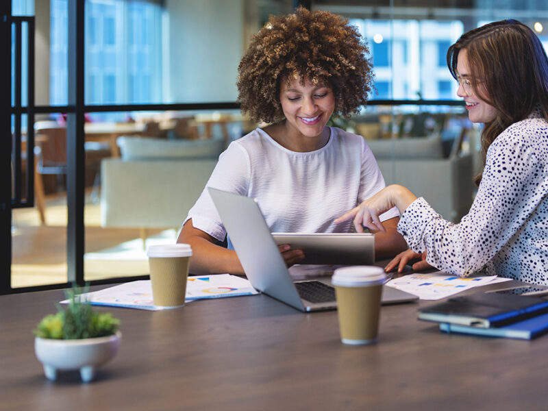 Business colleagues having a conversation. They are both young business people casually dressed in a modern office. Could be an interview or consultant working with a client. She is listening and smiling. They are using a laptop and digital tablet. Mixed ethnic group. One is African American and the other is Caucasian